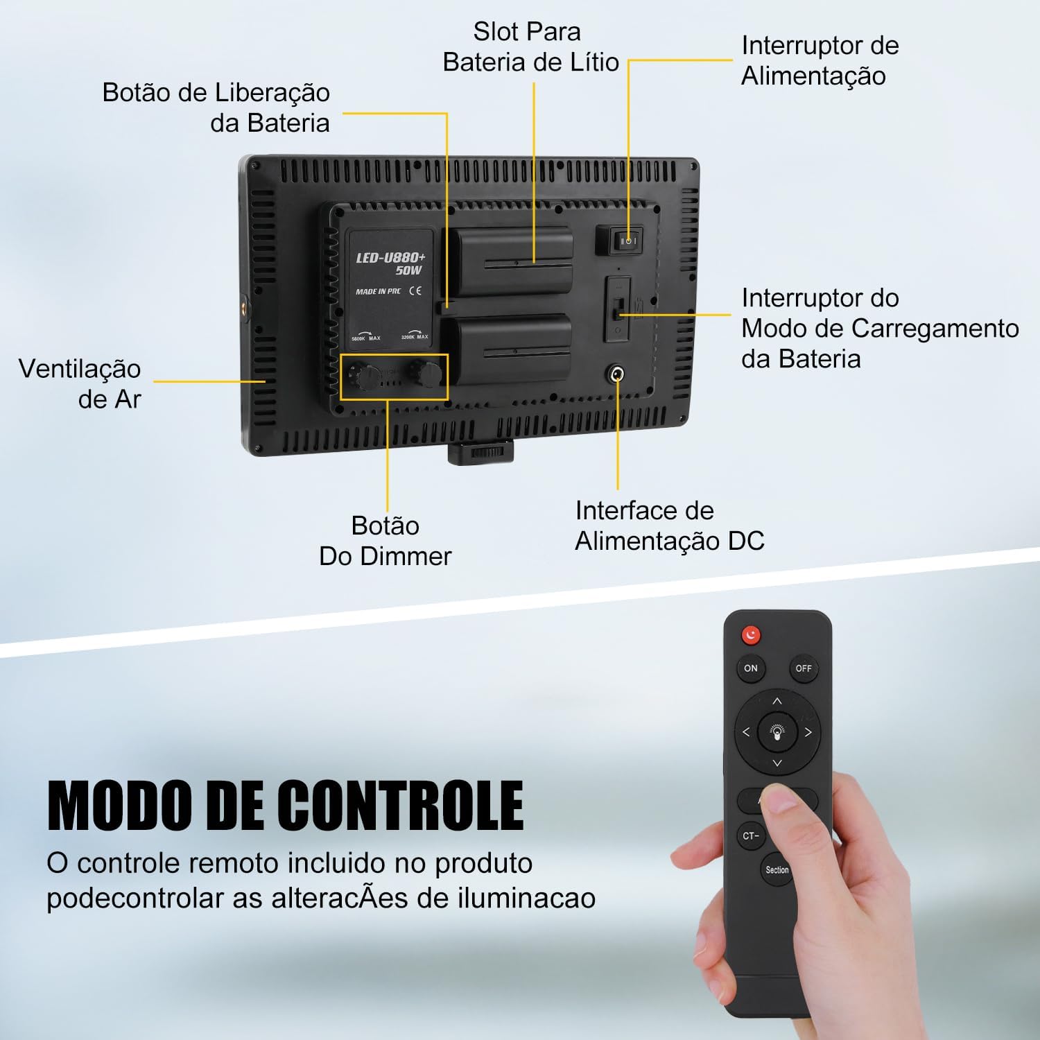 Iluminador LED Profissional 50W, Bicolor 2800K-6500K, 960 LEDs, 2 Baterias 4000mAh, Suporte Mesa 15cm e Tripé 2m