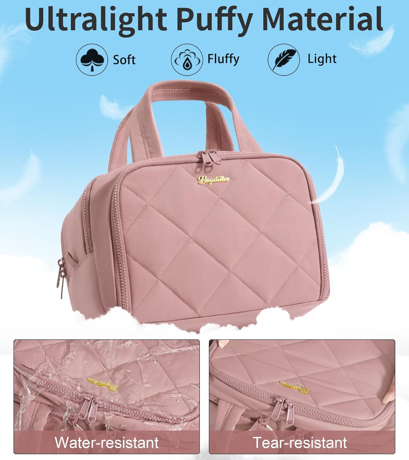Travel Toiletry Bag, Large Wide-open Puffy Toiletry Bag for Women, Lightweight Quilted Makeup Bag Cosmetic Organizer with Handle Water-resistant Travel Essentials for Toiletries Accessories Dark Pink - Image 4