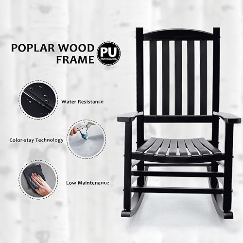 Miniatura 8 de Hupmad Silla mecedora de madera de gran tamaño para porche, balancín de patio al aire libre con respaldo alto y reposabrazos, listones para todo