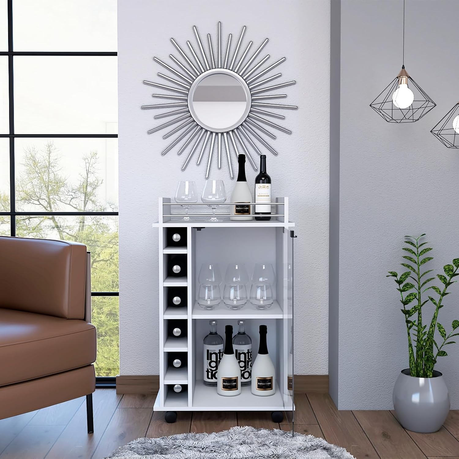 Bar Cart, Two Tier Cabinet with Glass Door, Six Cubbies for Liquor