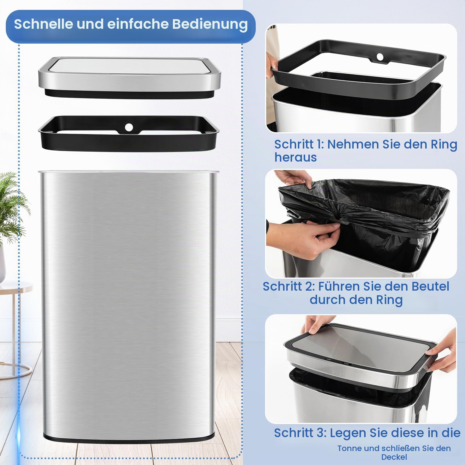 GIANTEX Mülleimer mit Sensor 50 L, Abfalleimer Automatisch Sensor, Müllbehälter mit sanft schließendem Deckel, Küchenmülleimer aus Edelstahl, Küchenabfalleimer Treteimer für Küche Büro, 39x29,5x60 cm