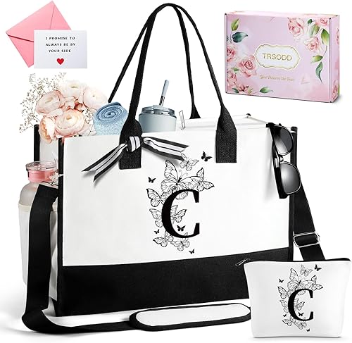 Miniatura 10 de Can-vas - Bolsa de playa con iniciales florales para mujer, bolsa de playa con bolsillo interior, 2 bolsillos laterales, correa de hombro, caja de