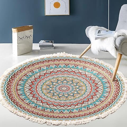 Alfombra vintage bohemia de algodón con estampado de mandala,lavable,tejida a mano,bohemia,redonda,con borlas,para dormitorio,pasillo,salón,mesa de café,felpudo,lavable a máquina,60 cm,flores #12