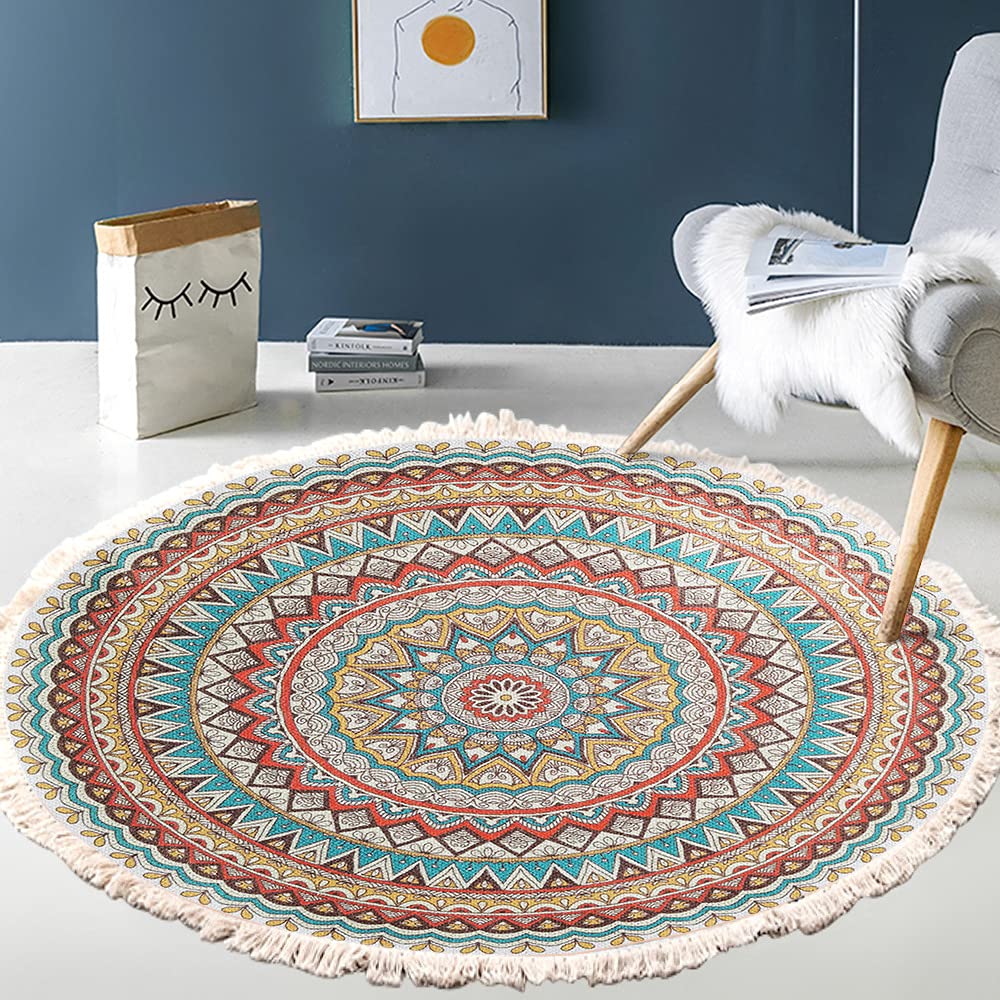Alfombra Vintage Bohemia de algodón con Estampado de Mandala,Lavable,Tejida a Mano,Bohemia,Redonda,con borlas,para Dormitorio,Pasillo,salón,Mesa de café,Felpudo,Lavable a máquina,60 cm,Flores #12