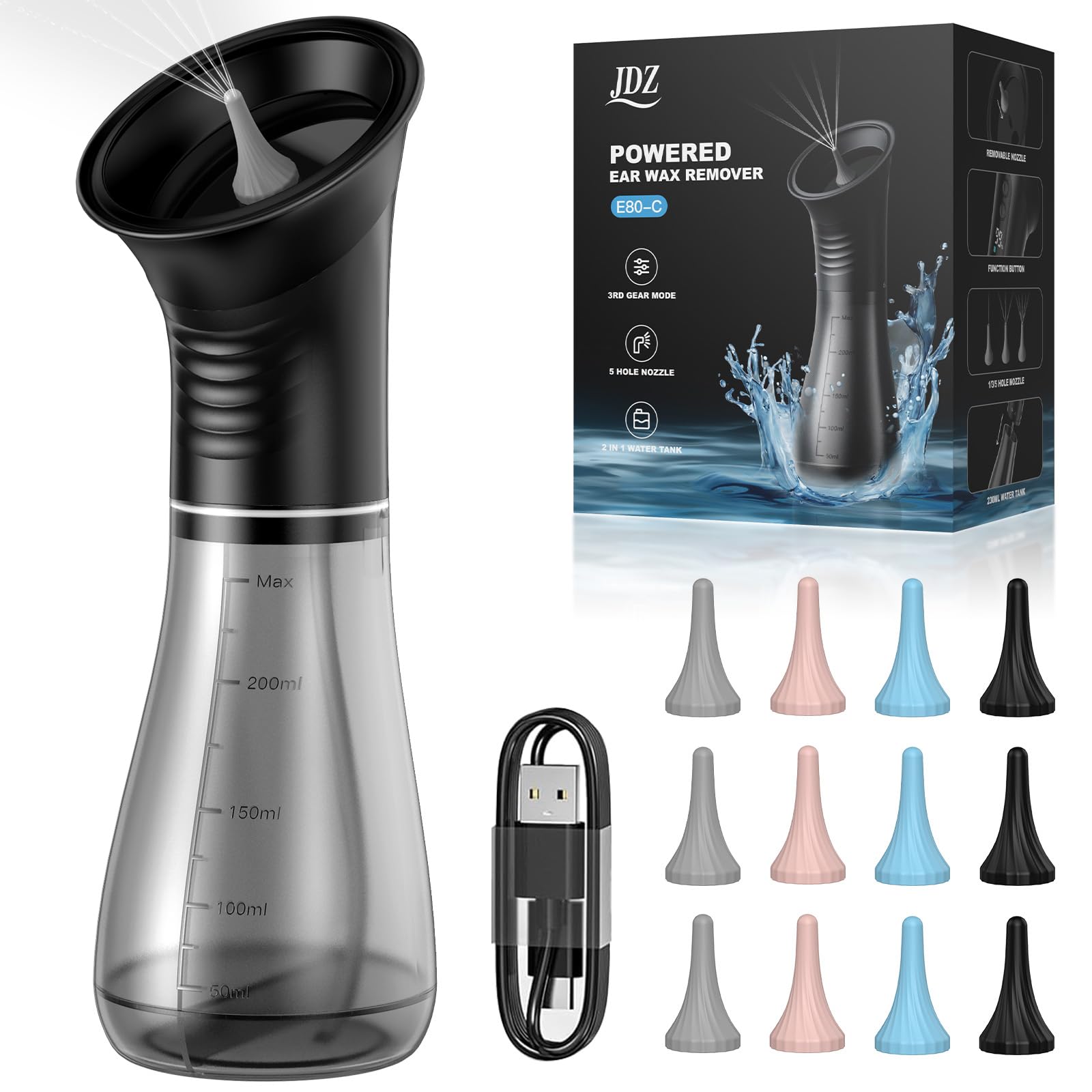 Nettoyeur Oreille, JDZ Nettoyage Oreille Rechargeable à Double Réservoir, IPX7 Étanche Nettoyeur Oreilles Adultes avec 12 Embouts Auriculaires, Nettoie Oreilles à 3 Modes