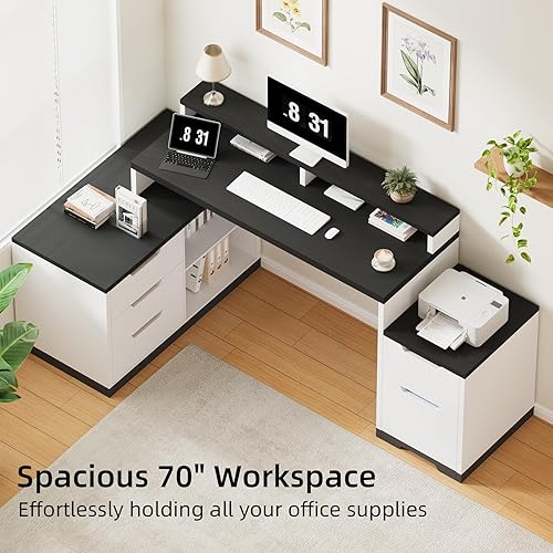 Vista 3 de Escritorio ejecutivo en forma de L con cajones de archivos y gabinete de almacenamiento, escritorio de esquina para computadora con tomas