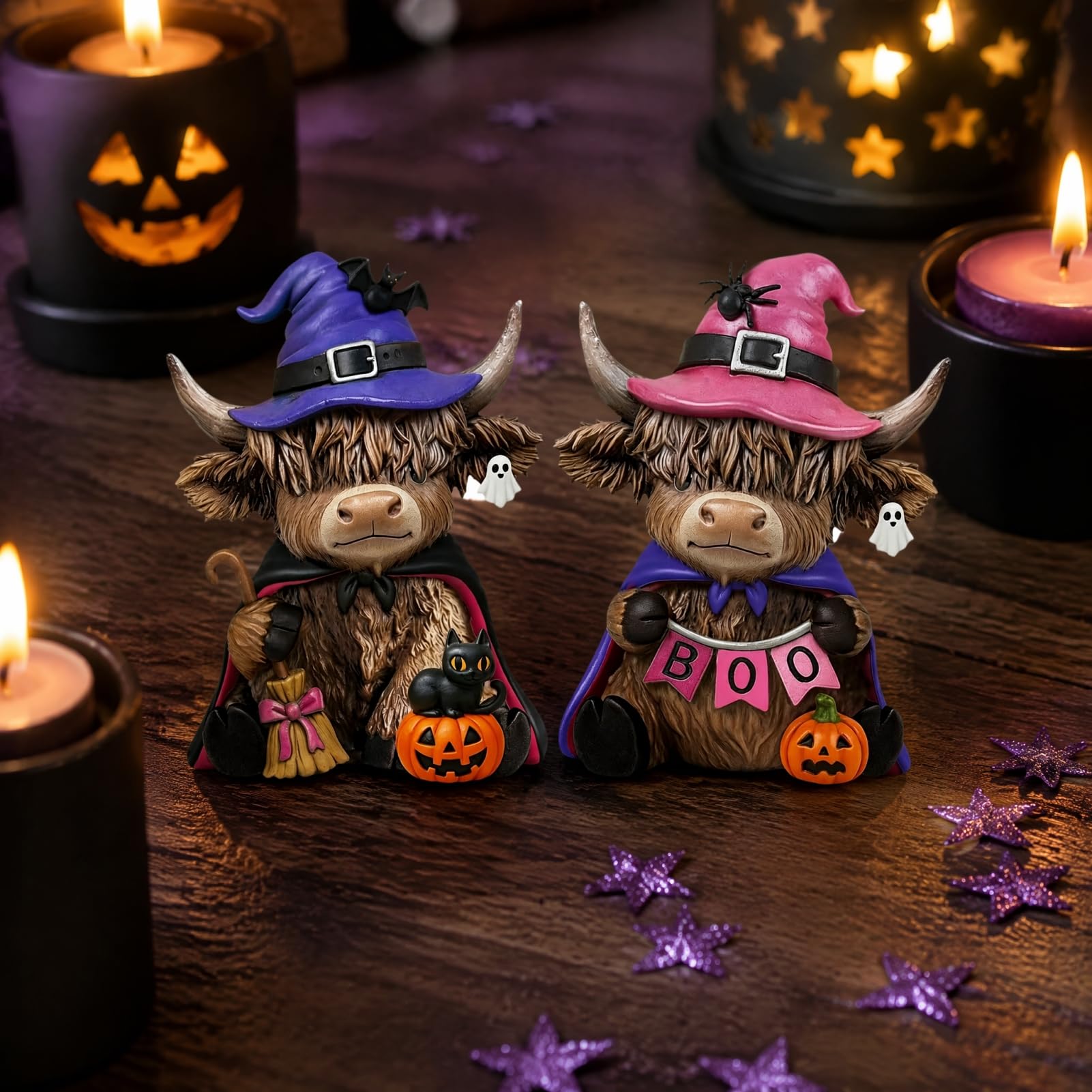RetroNest 2 Pcs Highland Cow Figurines, Halloween Pumpkin Ghost Statue