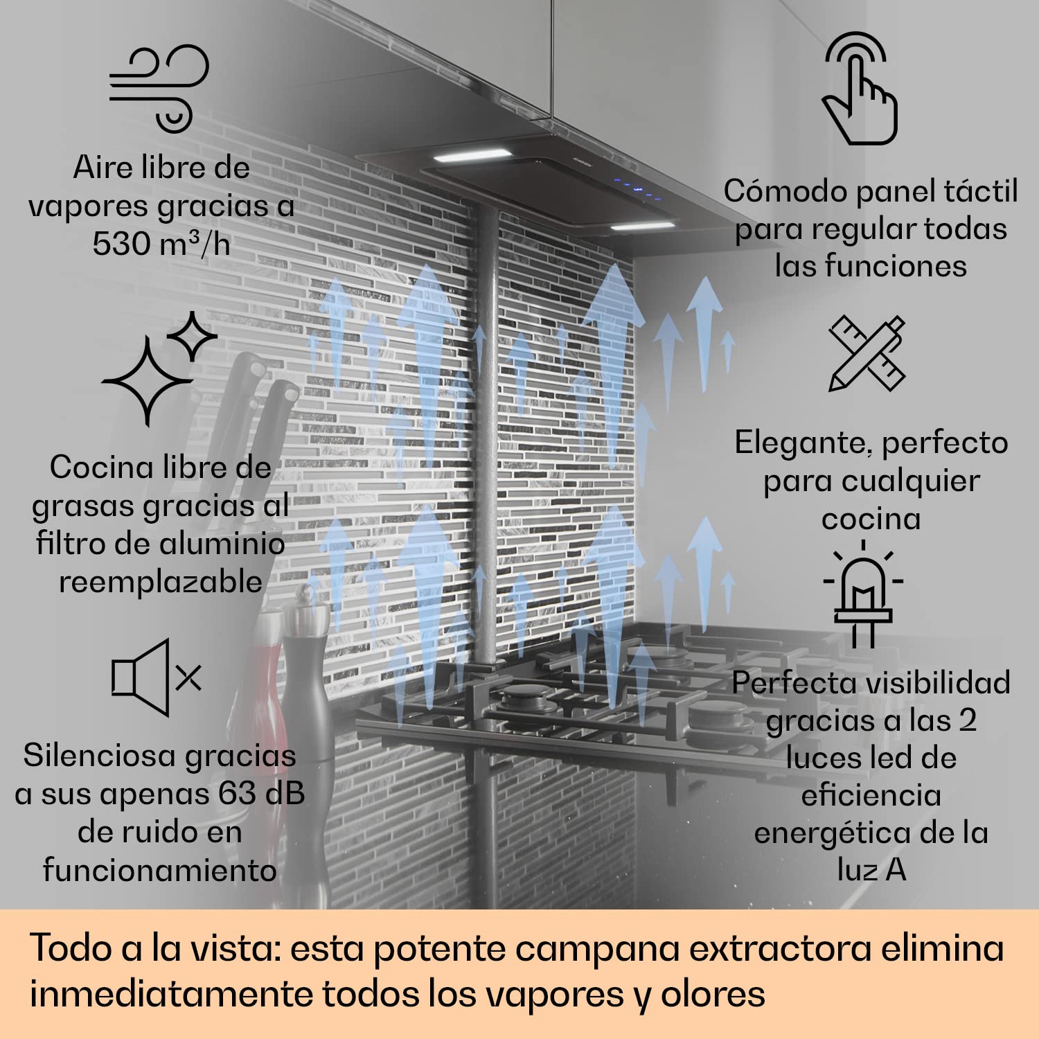 Klarstein HEKTOR SL campana extractora, campana integrable y de pared, 52 cm de ancho, modo recirculación, extracción hasta 467 m³/h, filtro de aluminio, convertible a recirculación, negro