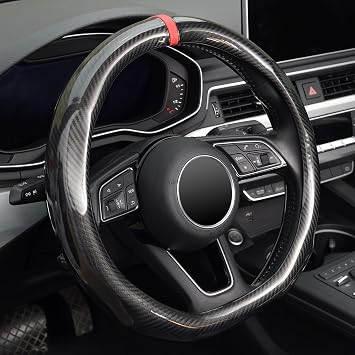 ZHOL Steering Wheel Cover Carbon Fiber, D Shaped Car Wheel Cover 14 1/2-15 in 37-39 cm, Black