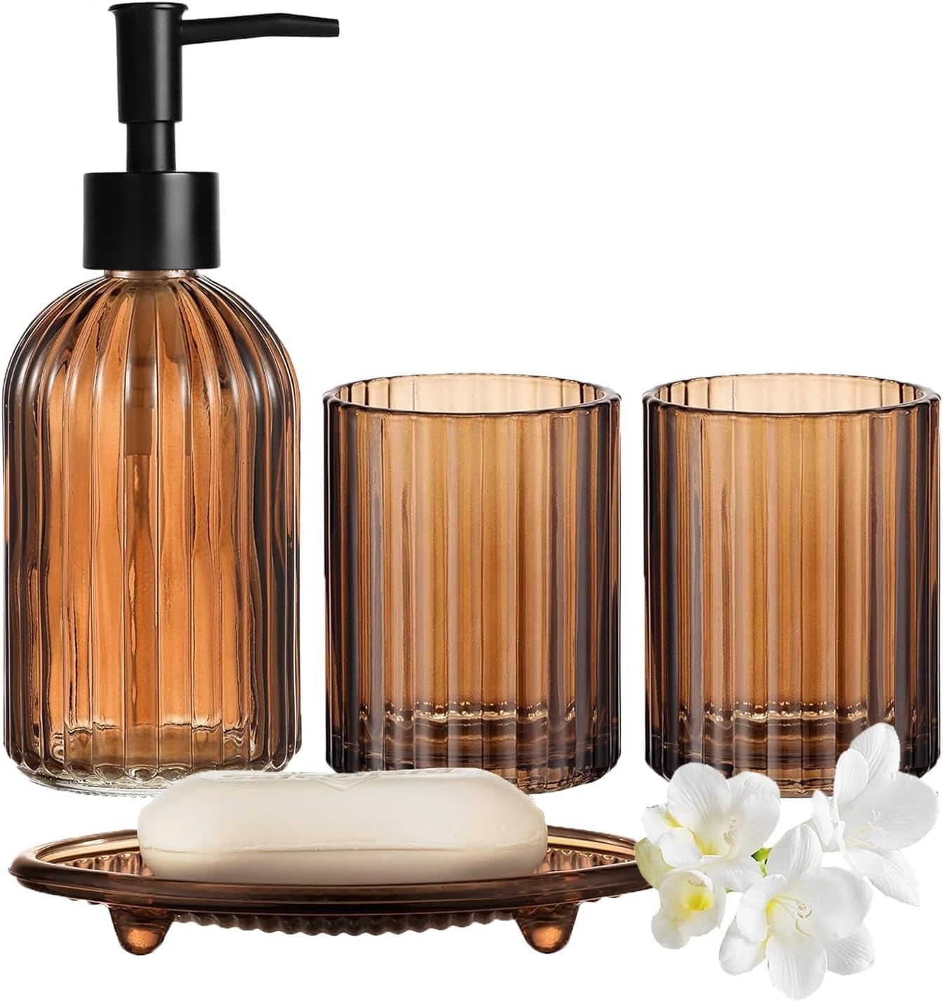 Bathroom Accessories Set, Brown Glass Bathroom Accessory Sets | Complete Includes Soap Dispenser, Toothbrush Holder, Mouthwash Cup, Soap Dish for Bath Decor, Countertop Vanity Organize