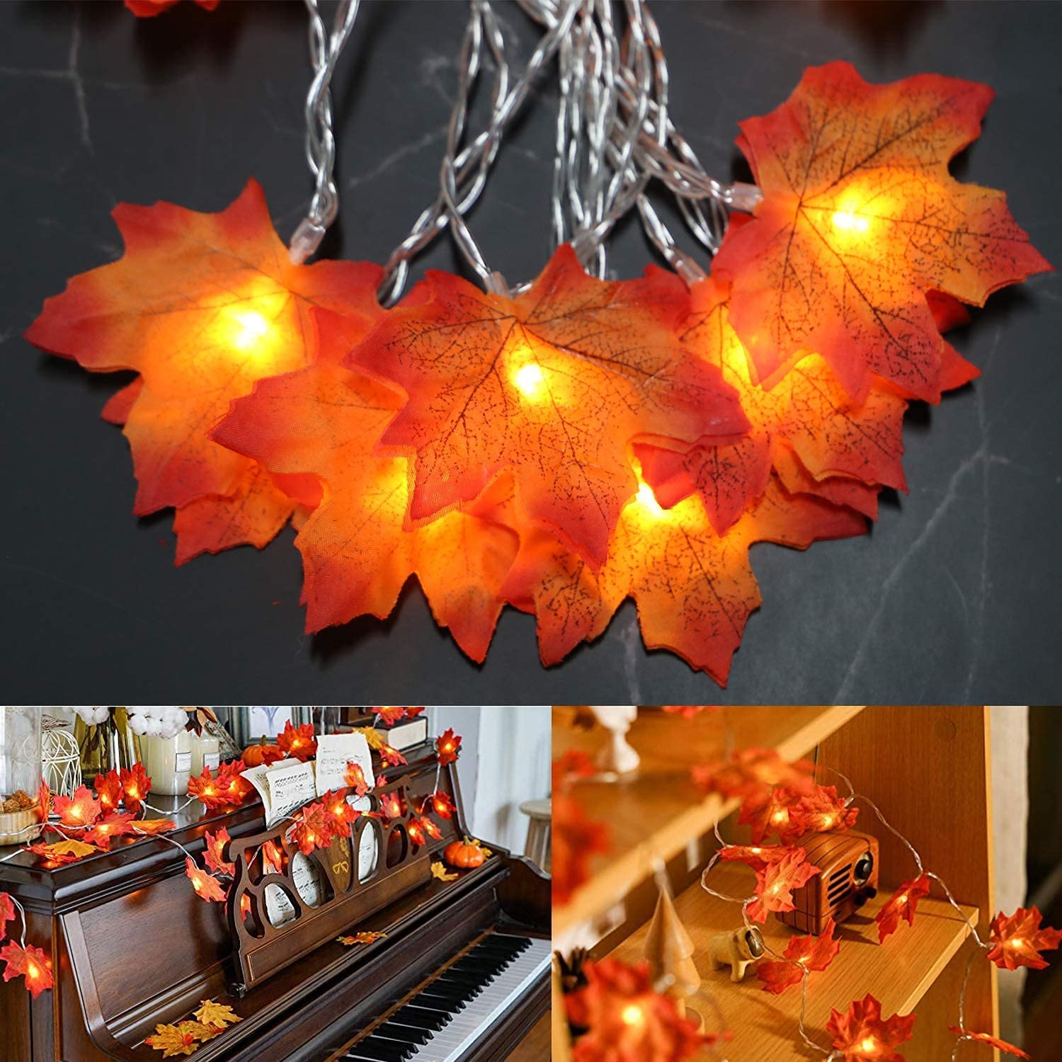 [2-Pack] Fall Leaves Decorations String Lights-Total 40 Ft 80 LEDs Fall Decoration String Lights Plug into Power for Indoor Outdoor Harvest Thanksgiving Christmas Halloween Deco