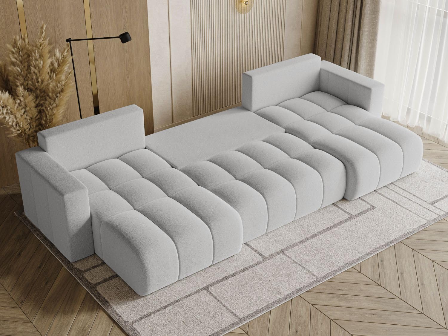 GRAINGOLD Neva U Ecksofa mit Schlaffunktion & Bettkasten 370x170 cm, U-Form Sofa mit Stauraum, Schlafcouch für Wohnzimmer, Bouclé-Stoff, 5-Sitzer Wohnlandschaft, Modernes Design (Dunkelgrau)