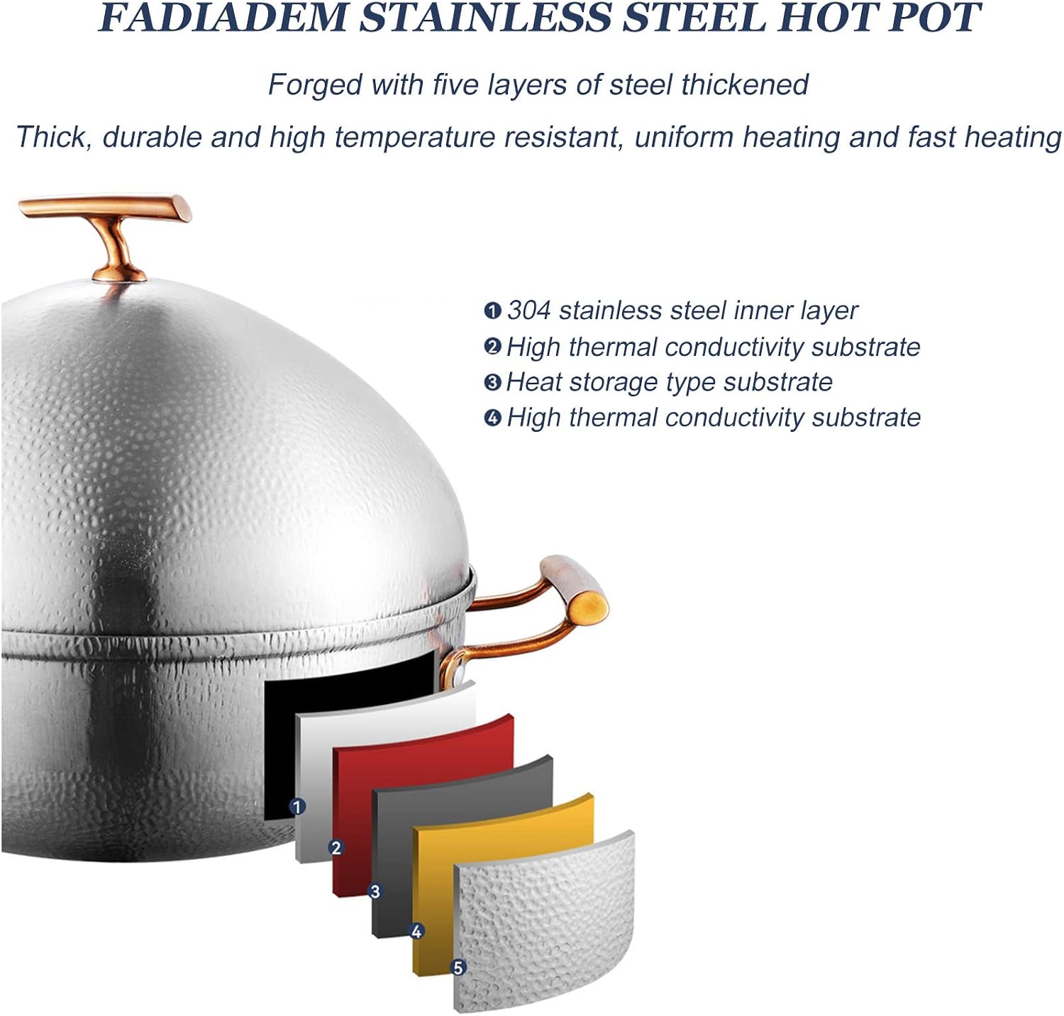 Chinese Copper Hot Pot, Shabu Shabu Divider Hot Pot, Stainless Steel Pot with Divider and Lid,Shabu Shabu Pot for Induction Cooktop Gas Stove Kitchen Cooker(Silvery,Diameter 30CM)