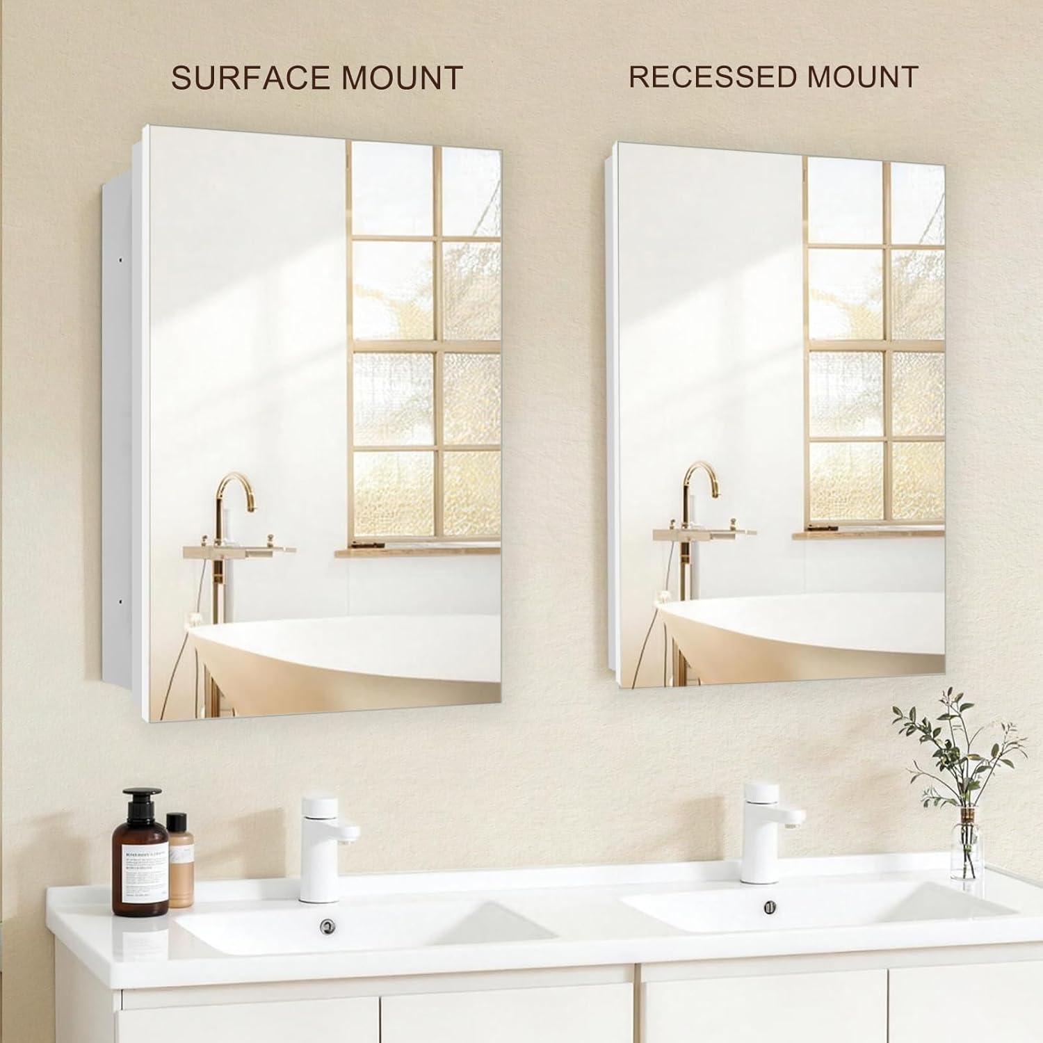 16x26 Bathroom Mirror with Storage,Recessed & Surface Mount Medicine Cabinet, Frameless Bathroom Cabinet with Mirror, Wall Mounted Mirror Cabinet for Bathroom, Modern Sleek Design