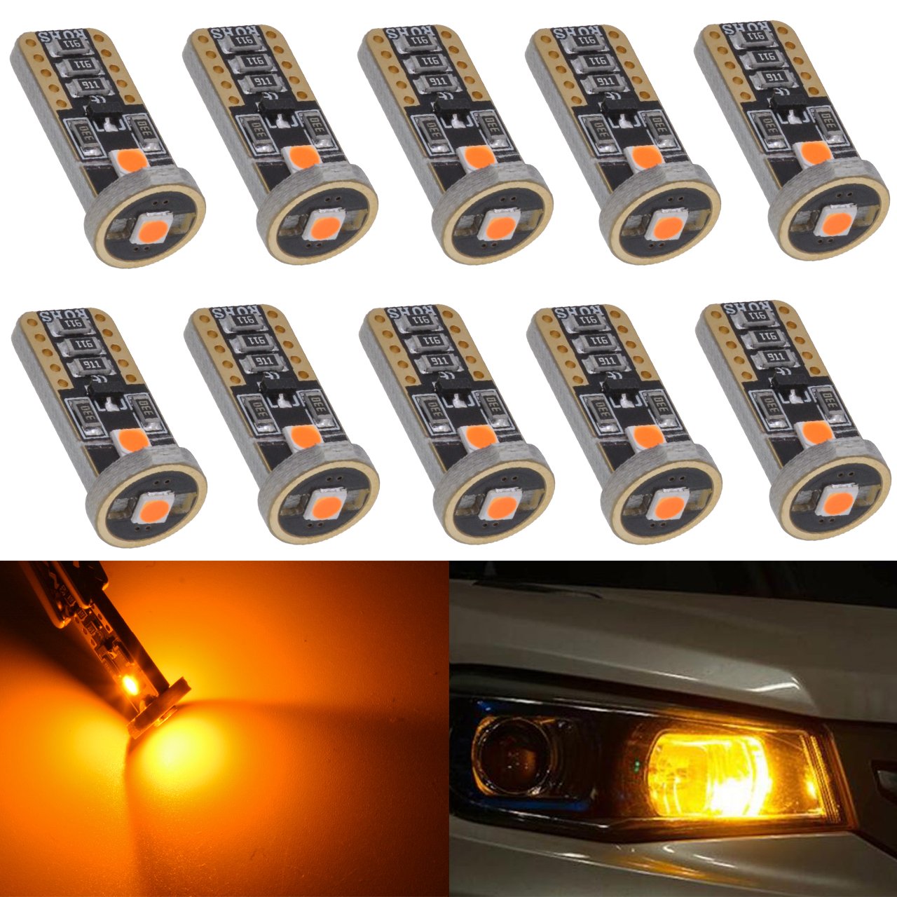 KATUR T10 Canbus - Bombillas LED ámbar para coche, T10, W5W, 3 SMD 5050, superbrillantes, 194, 168, 175, 192, 2825, cuña, LED, fuente de repuesto para luces de coche