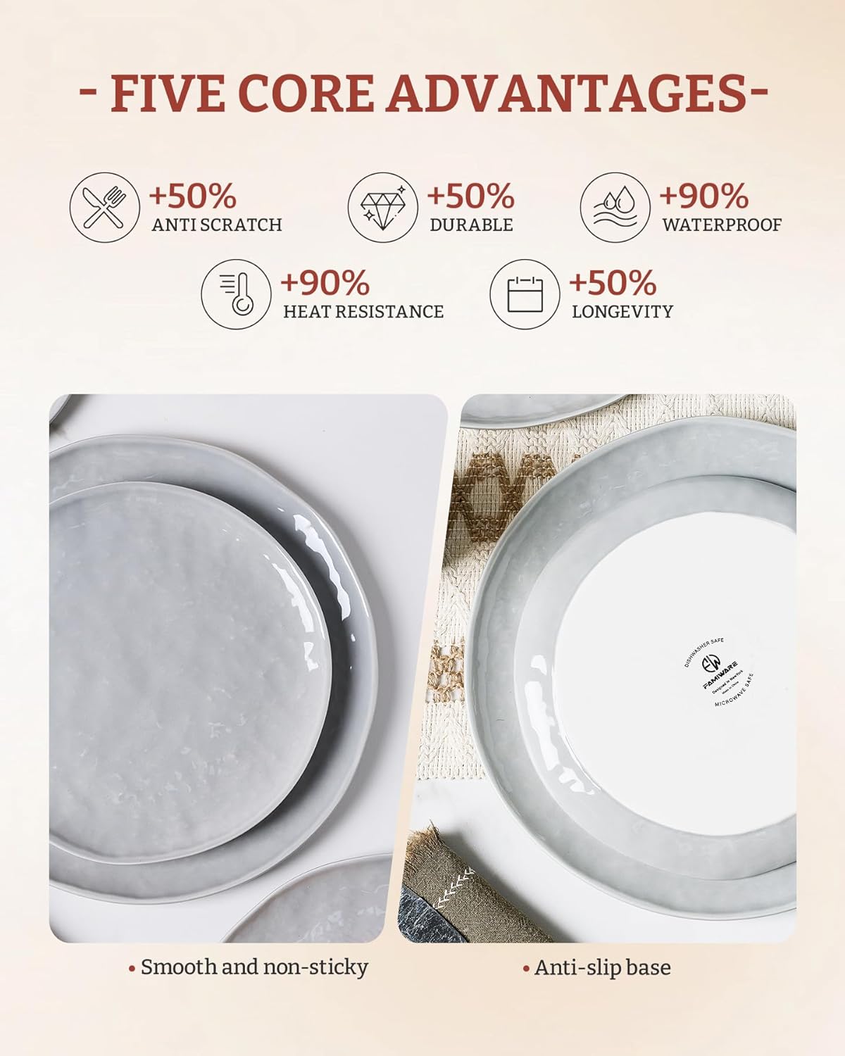 Famiware Porcelain kitchen plates and bowls set, Modern dishes set for 4, Handmade Wave Edge Dinnerware Sets, Microwave and Dishwasher Safe Tableware, Sleek Grey (16pc) - Image 6