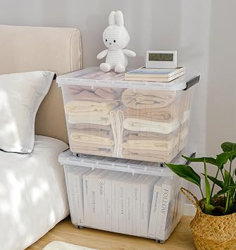 Cetomo 80L*3 Plastic Storage Boxes with Wheels, Lidded Storage Box with Secure Side Latches, PP Nestable and Stackable Clear Organizer for Home, Office, Moving, Transparent, 80L-3 Pack