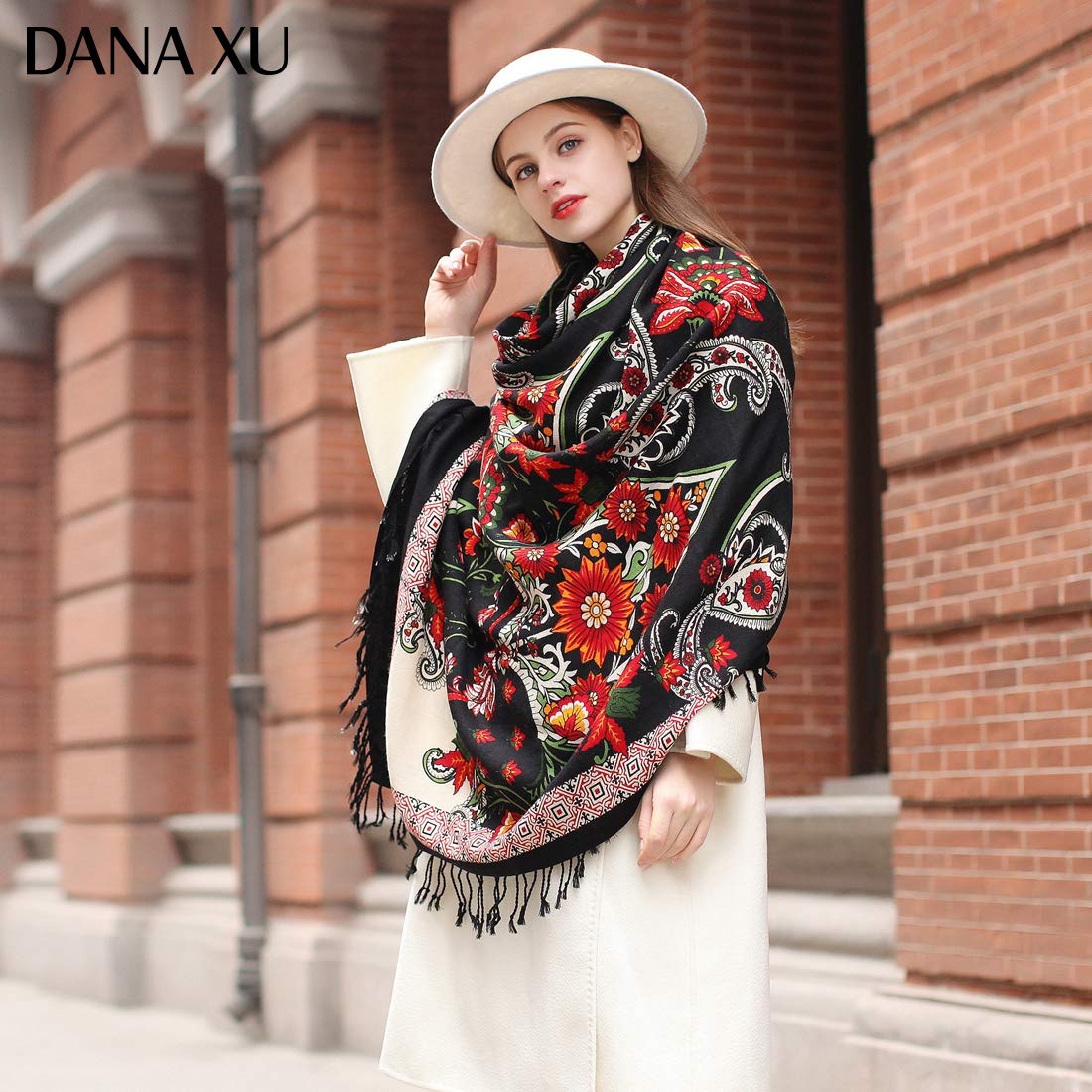 DANA XU - Sciarpa pashmina in 100% lana merino, da donna, 244 x 109 cm, oversize, in cashmere, con nappe, mantella da viaggio con motivo floreale, 96*43 INCHES