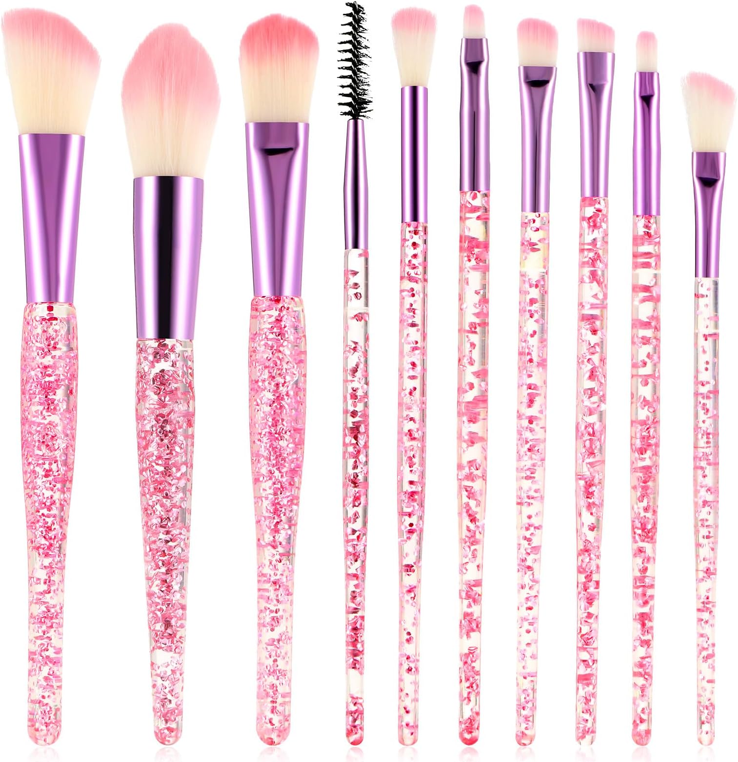 WLLHYF Glitter Crystal Makeup Brush Set 10 Piece Bling Professional Foundation Concealer Eye Shadow Eyeliner Blush Lip Blending Synthetic Brushes Tools Kit Essentials Transparent Handle Women