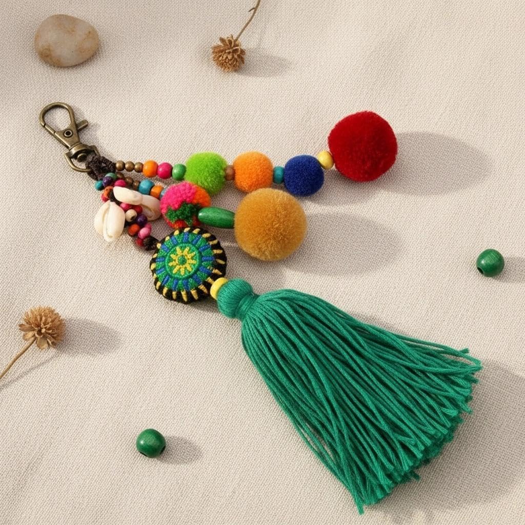 QTMY Pom Pom Shell Beads Tassel Purse Charms for Handbags Pendant Boho Keyring Keychain for Women Bag Decor - Image 2