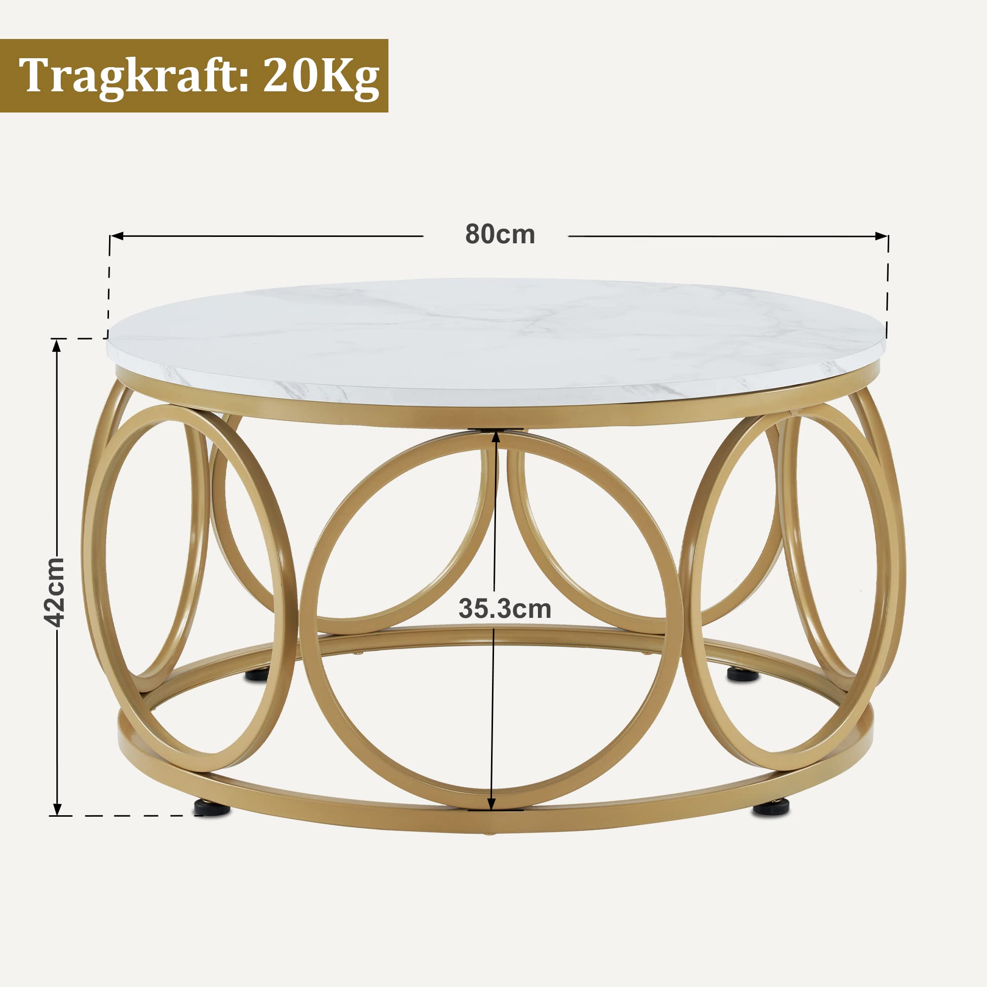 M MCombo Mesa de Centro Redonda de Madera, Moderna, pequeña Mesa de café con Estructura de Metal, Mesa Auxiliar para salón, diámetro 80 cm, 2102