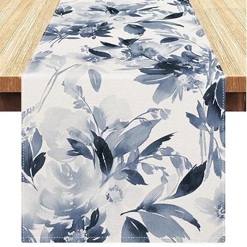 Vorysum Camino de Mesa Azul Moderno Abstracto Flores Mantel Mesa Rectangular Beige Gris Camino de Mesa Arte Decorar Mesa Aplicable a Comedor Escritorio Sala de Estar 40x140 CM
