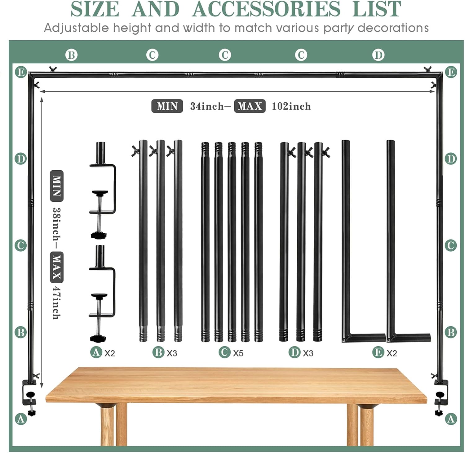 Over The Table Rod Stand with Clamps, Black Metal Table Arch Adjustable 38"-47" Tall 34"-102" Length, Table Balloon Arch for Wedding, Anniversary, Birthday, Party, Christmas Decoration