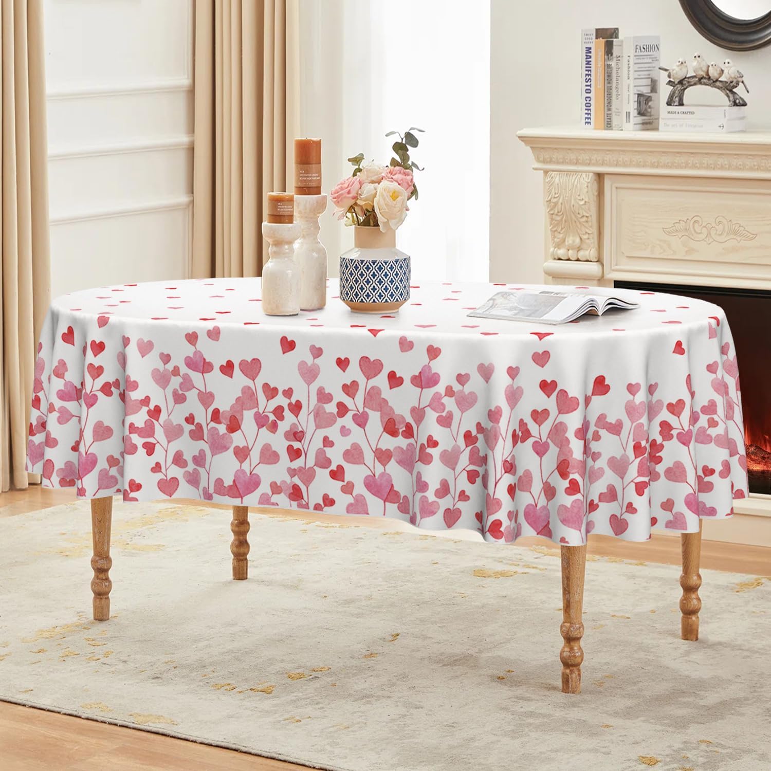 Horaldaily Valentine Tablecloth 60×84 Inch Oval, Pink Love Hearts Washable Table Cover for Party Picnic Dinner Decor