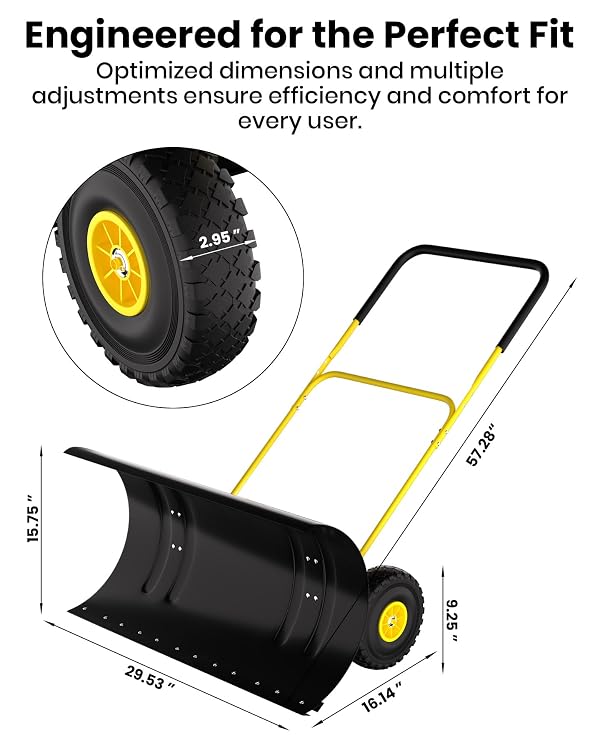 Snow Pusher with Wheels for Driveway, 29.5" Wide Heavy Duty Steel Blade, 2-Position Height Adjustment & 60° Tilt Handle, Ergonomic Push Snow Shovel with Ground Protection for Effortless Snow Removal by Hipicute - Image 2