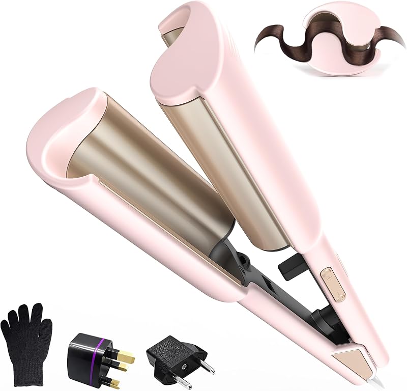 Curling Iron Hair Crimper Waver, Beach Waves Curling Wand, Waver Hair Tool, Double Voltage, Easy to Use, Pink, 1.25 Inch with UK/EU Plug
