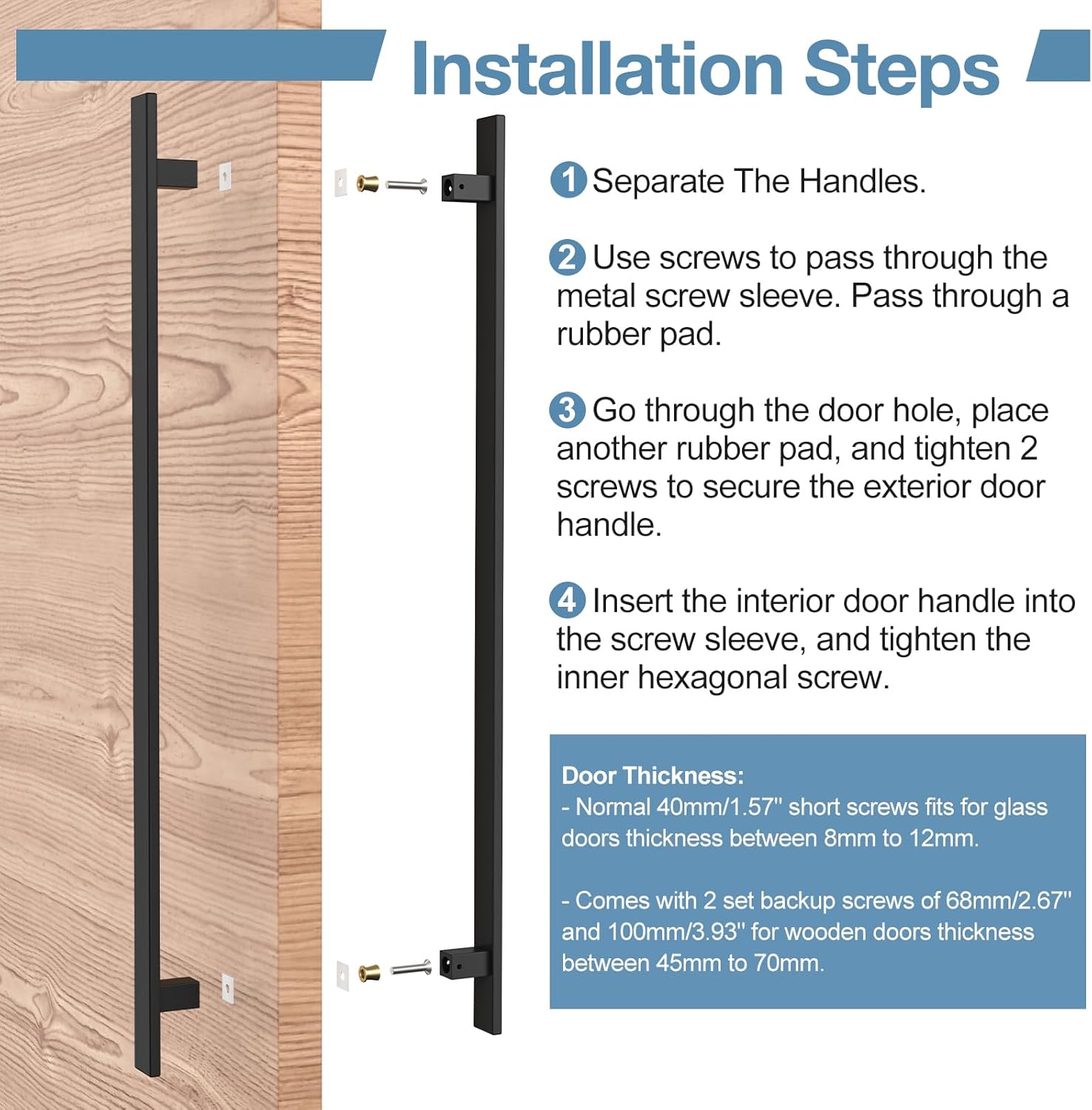 36 Inch Push Pull Door Handle, Double Sided Long Barn Door Pull Handle, Heavy Duty 304 Stainless Steel Commercial Door Handle for Wooden Glass Metal Home Office Doors (Square Rectangle Bar)