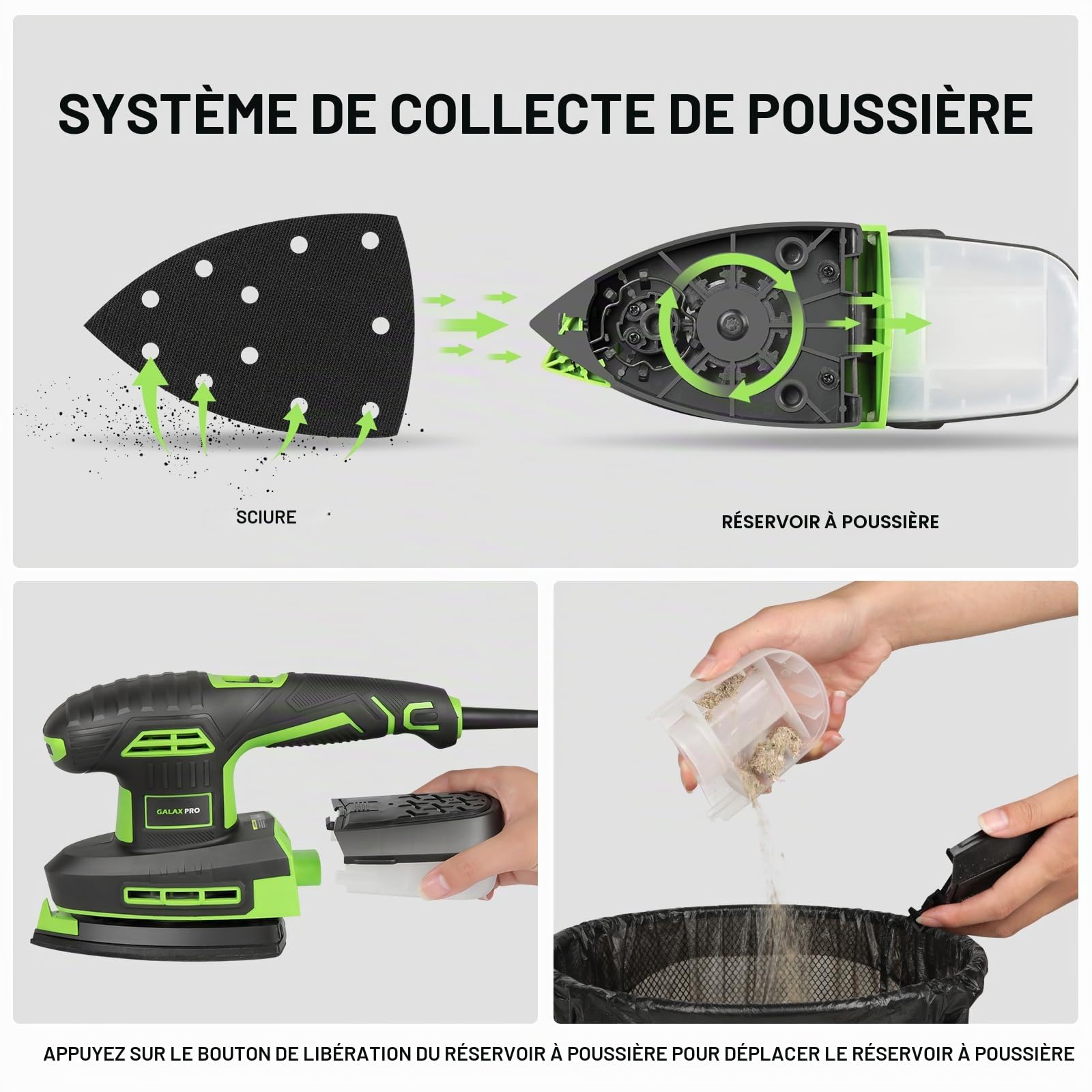 GALAX PRO Ponceuse Excentrique 2-en-1 250W, 6000-12000 tr/min, 6 Vitesses Variables, avec Bac à Poussière, pour Ponçage et Polissage du Bois et du Métal, 12 Papiers Abrasifs Inclus