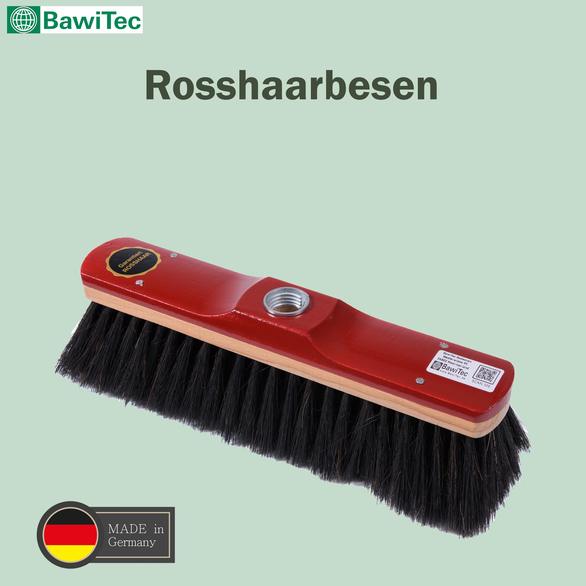 BawiTec Rosshaarbesen, Hochwertiger Zimmerbesen, 30cm Breit/Lang, lackiert, mit Metall-Gewindeeinsatz, Stubenbesen Besen, feine weiche Echthaar Borsten, Haushaltsbesen, Küche Haus Hobby Gastro