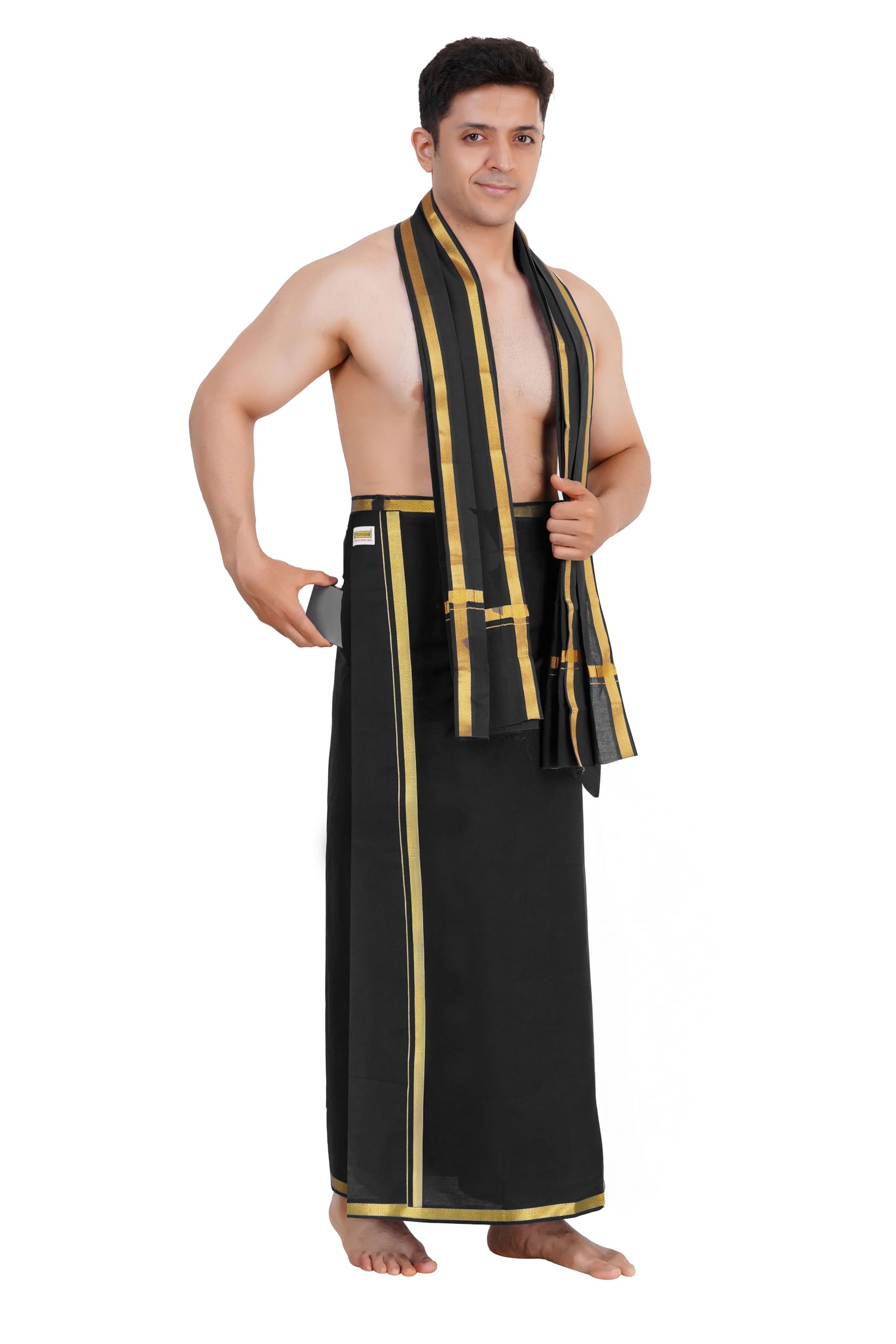 Men's Single Black Colour Welcro Pocket Jari Dhoti With Matching Jari Towel-image-36