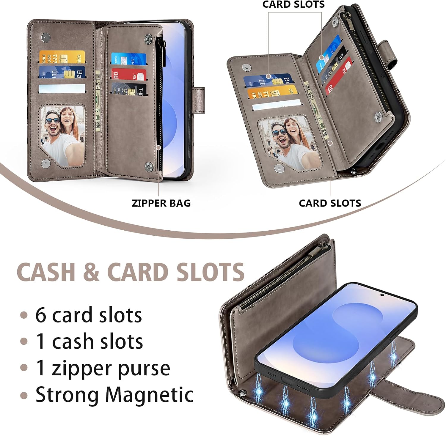 Asuwish Phone Case for Samsung Galaxy S25 5G Zipper Wallet Cell Cover with Tempered Glass Screen Protector Crossbody Lanyard Strap Flower Card Holder Slot S 25 25S 25 25S SM-S931U Women Men Girls Gray