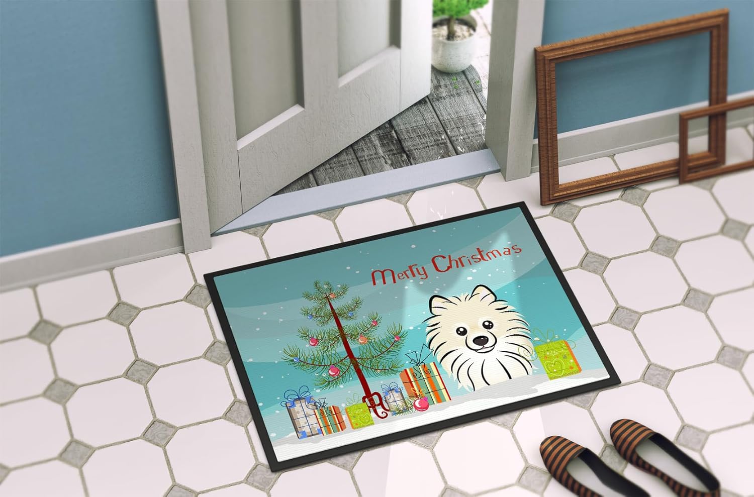 Caroline's Treasures BB1579MAT Christmas Tree and Pomeranian Doormat 18x27 Front Door Mat Indoor Outdoor Rugs for Entryway, Non Slip Washable Low Pile, 18H X 27W