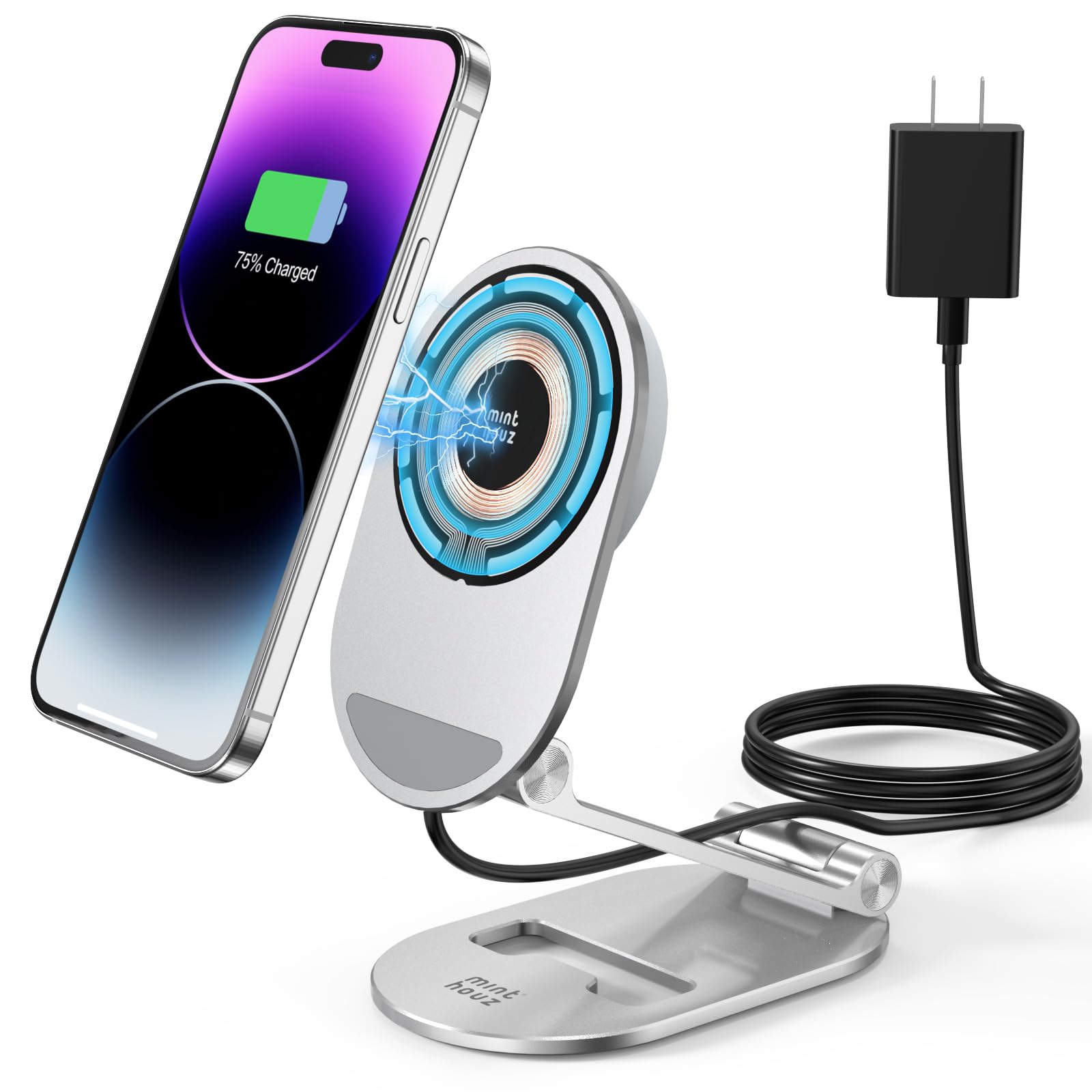 Magnetic Wireless Charger, Minthouz Foldable Mag Safe Charging Stand, Adjustable Wireless Charging Station with 20W Wall Adapter, for iPhone 16 15 14 13 12 Pro/Max/Plus, AirPods 3/Pro 2/Pro