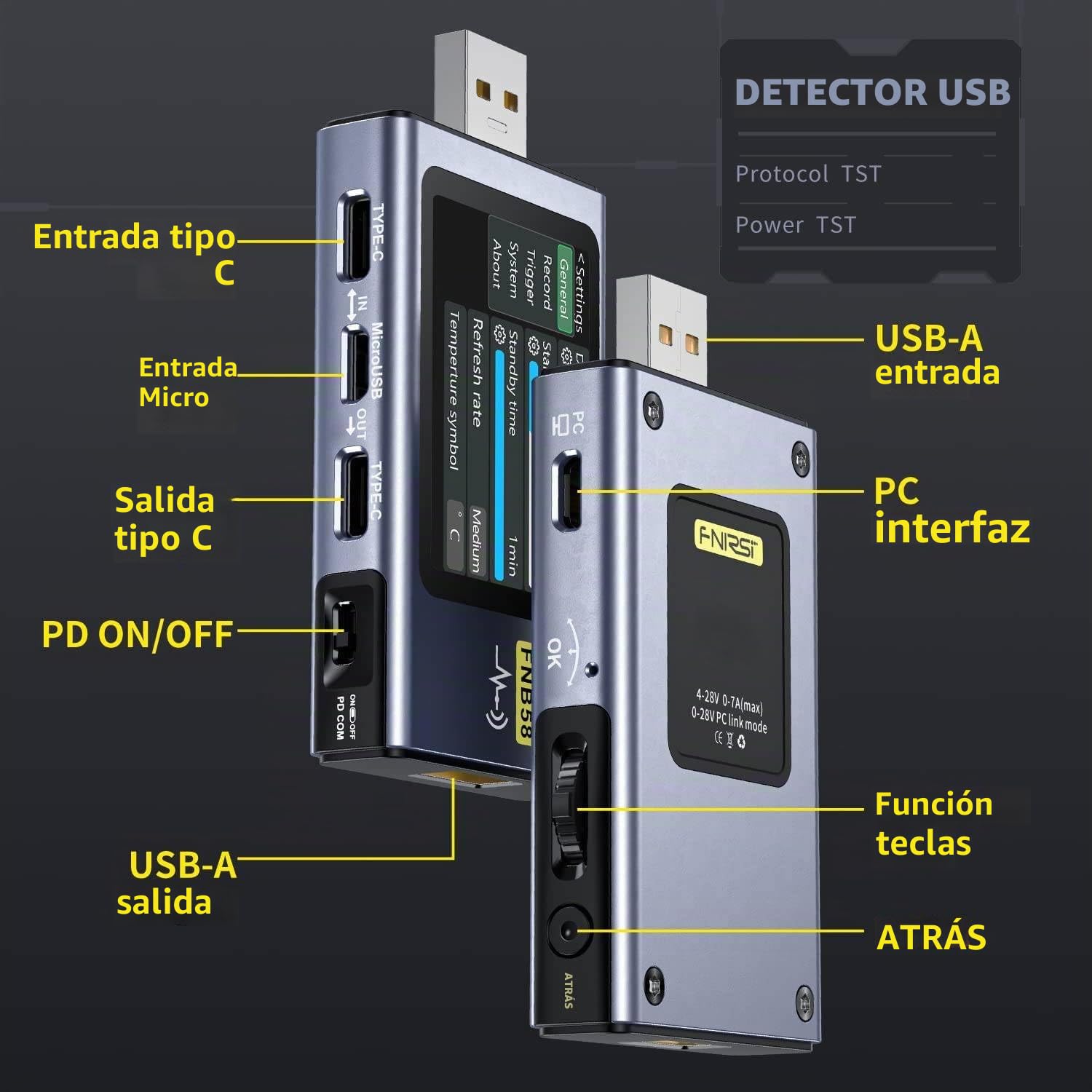 FNIRSI Probador USB 4-28V 7A LCD USB A&C, Multímetro Digital para Medir Voltaje, Corriente, Potencia y Ondulación, Detección Rápida de Carga & Software de Aplicación, Compatible PD2.0/3.0 QC2.0/3.0
