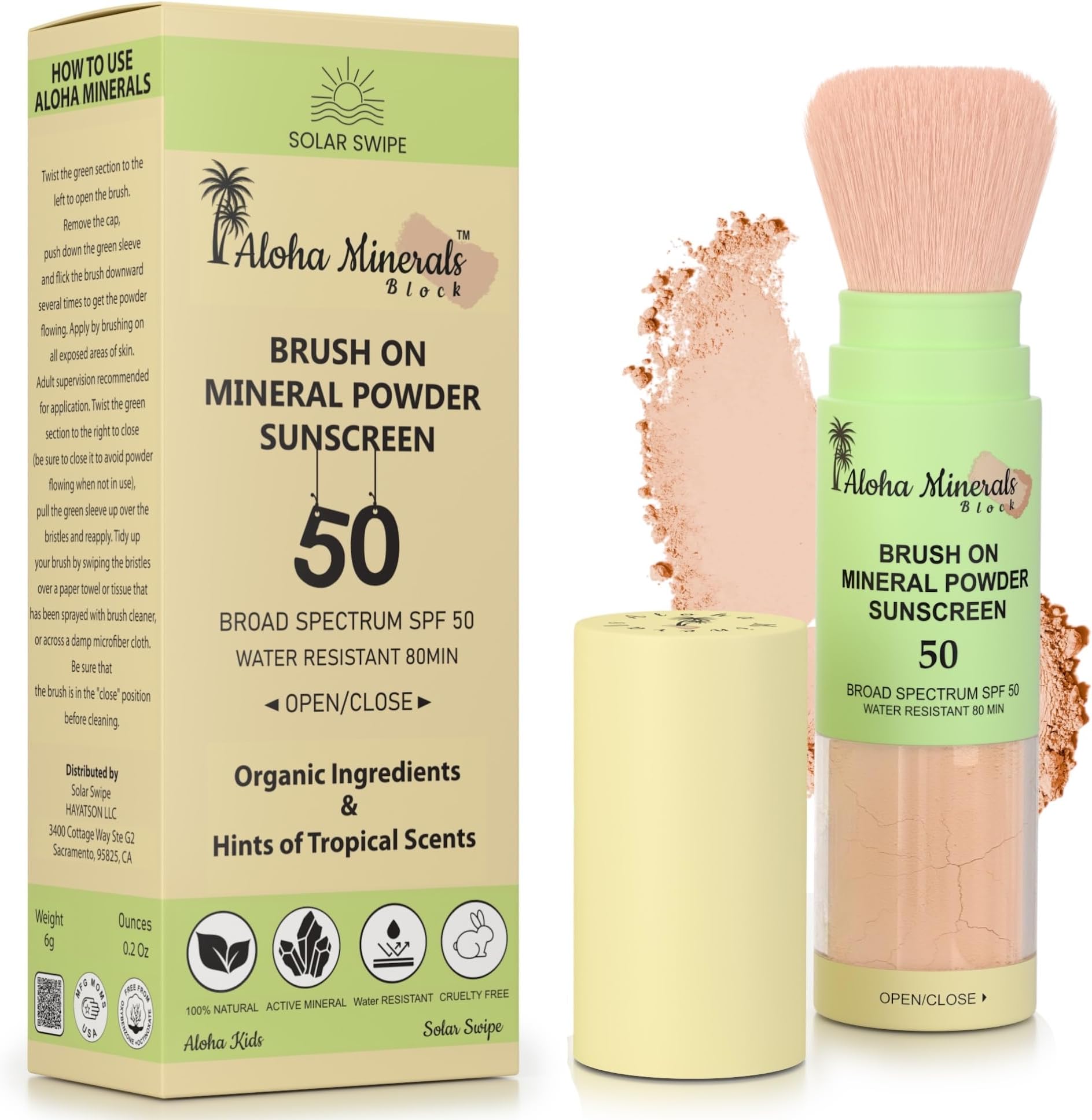 Aloha Minerals Block Brush-On Mineral Powder Sunscreen For Face, SPF 50, Water Resistant, Broad Spectrum, Natural Mineral Blend, Oil Abrosbent, Tropical Scent, Carrot Seed Extract, 0.21oz