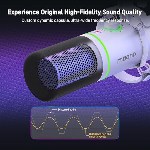 Miniatura 2 de MAONO Kit de micrófono dinámico XLRUSB, micrófono de podcast RGB con software, silencio, perilla de ganancia, control de volumen, brazo de brazo