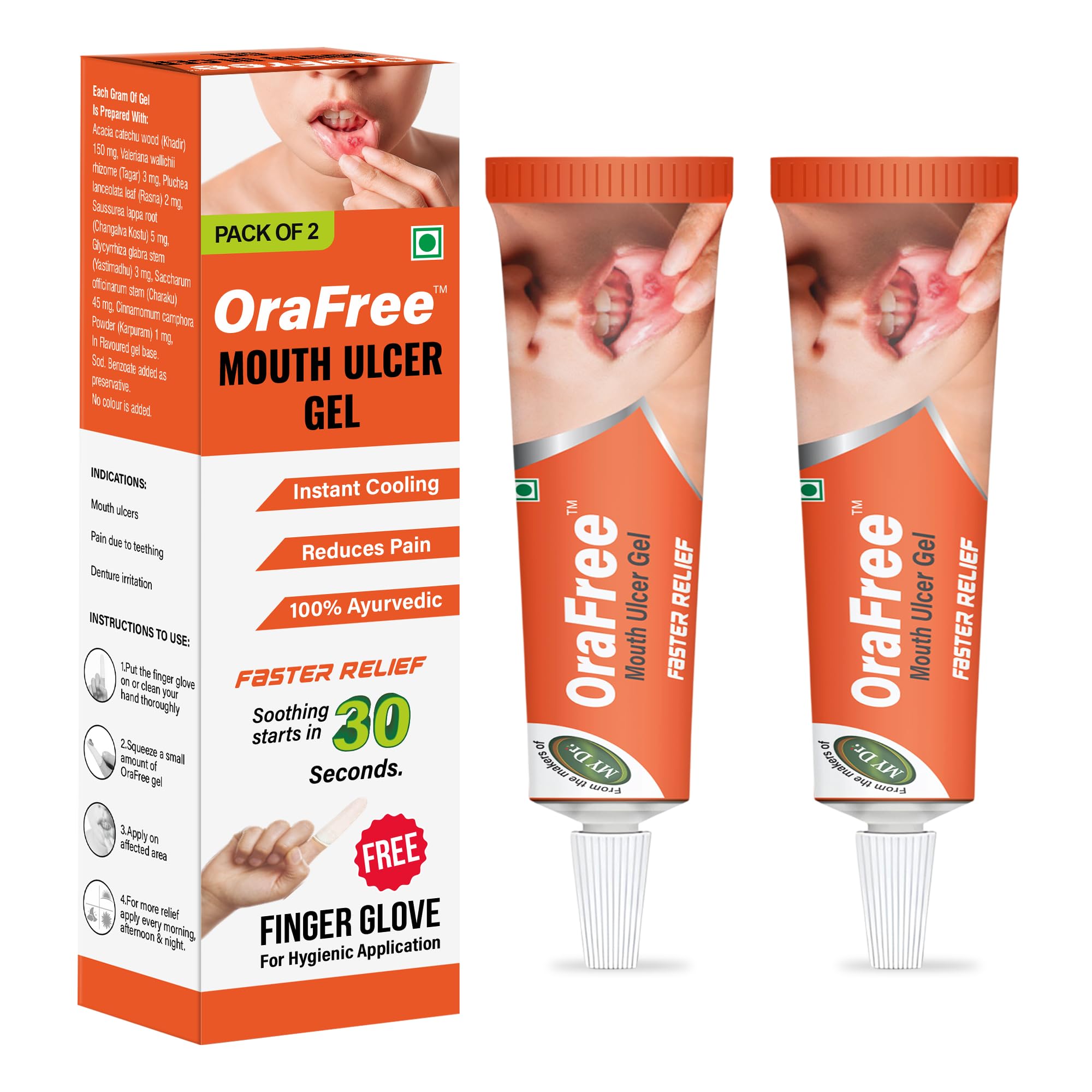 Orafree Ayurvedic Mouth Ulcer Gel | Fast Relief from Ulcers, Pain & Burning | 10g Tube | 2 Finger Gloves Free | Instant Cooling, Hygienic Application | 100% Herbal & No Added Color (Pack of 2)-image-43