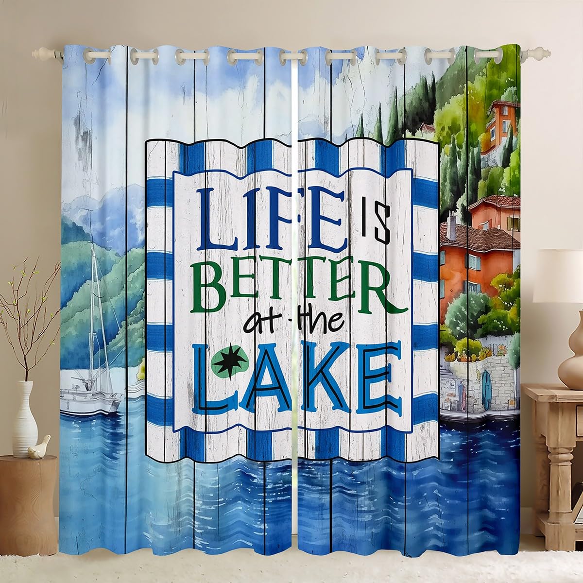 Lake Life Theme Window Curtain Watercolor Lake Scenery Curtains Vintage Wooden Door Window Treatment Curtain for Kids Girls Boys Adult Bedroom Decor