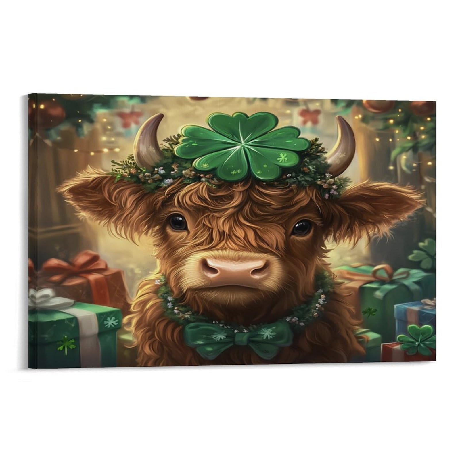 CPLVKWRQJ St. Patrick's Cow Individual Highland Cow Clover Wreath Gift Surround Canvas Print - Office Wall Art Fade Resistant Statement Piece Ready to Hang 08x12inch(20x30cm)