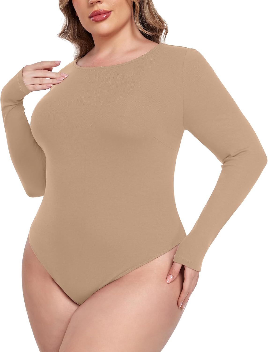 COOTRY Plus Size Crew Neck Bodysuits for Women Long Sleeve Body Suit Basic Slim Fit Bodysuit Leotard Tops