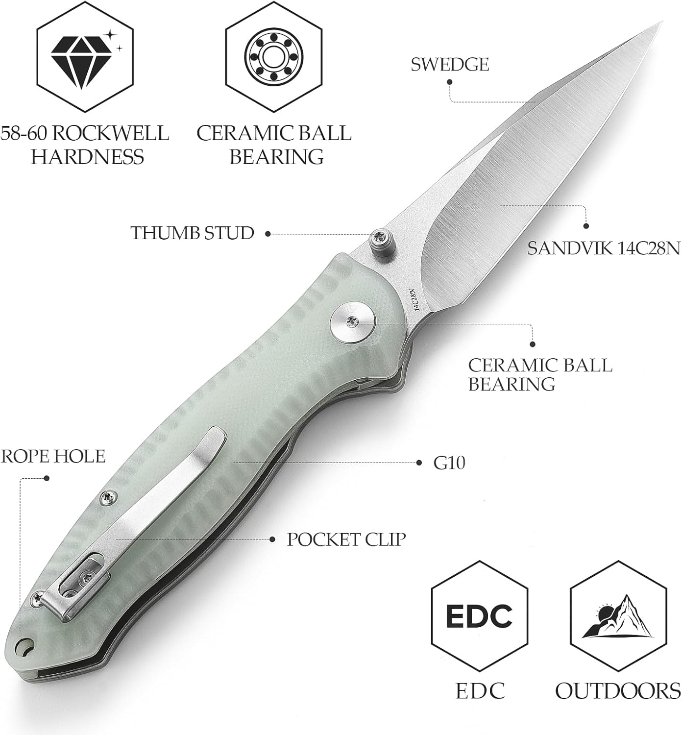 TRIVISA Folding Pocket Knife with Reversible Clip,Front Flipper EDC Knifefor Men,3in 14C28N Thumb Studs Blade, Liner Lock G10 Handle, Outdoor Camping Tool,Delphinus-03（Stonewash + Satin）