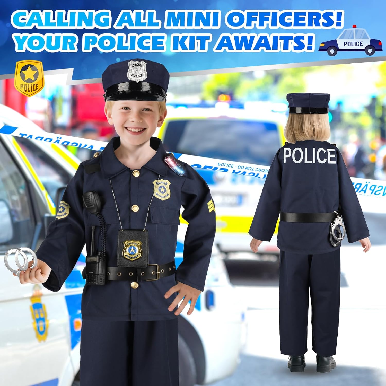 IVENRXIU Police Costume for Kids, Cop Pretend Play Toys for Dress Up, Role Play Set with Handcuffs, Flashlight, Police Badge for Kids Boys and Girls 3-8, Halloween Costumes, Birthday Christmas Gifts