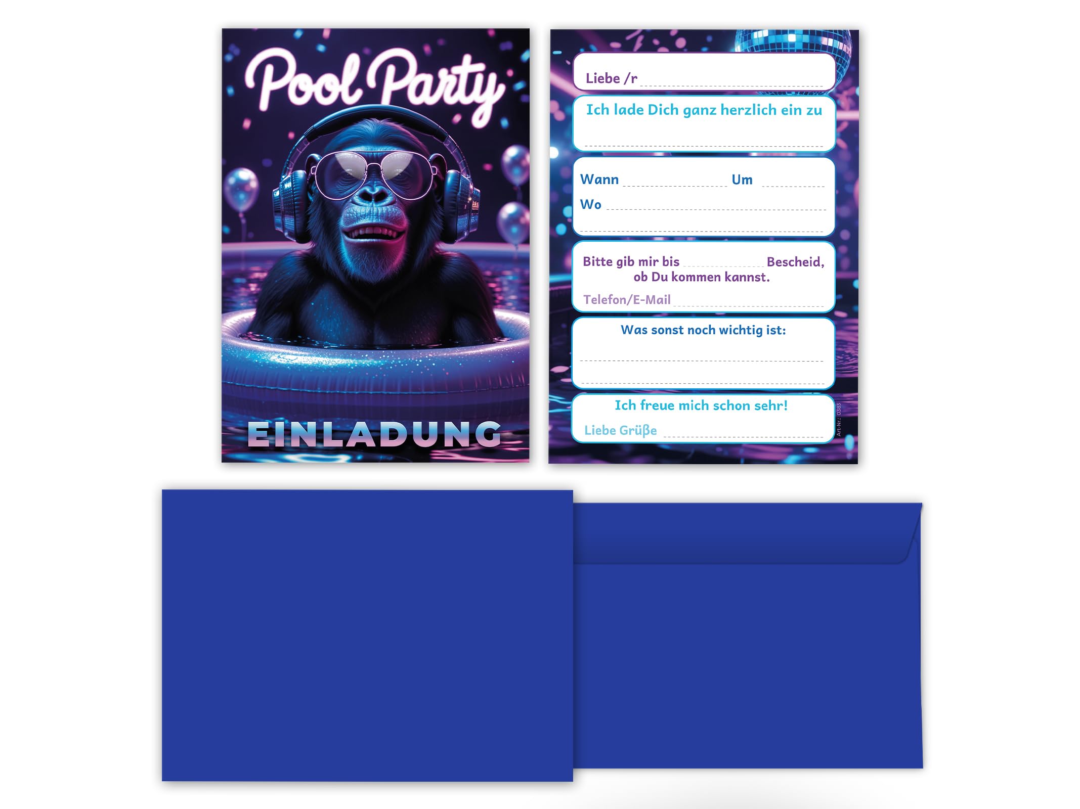 Junaversum 8 Einladungskarten inkl. 8 Umschläge zum Kindergeburtstag Schwimmbad Pool Party Affe Mädchen Jungen Kinder Einladungen Geburtstag Geburtstagseinladungen Kids