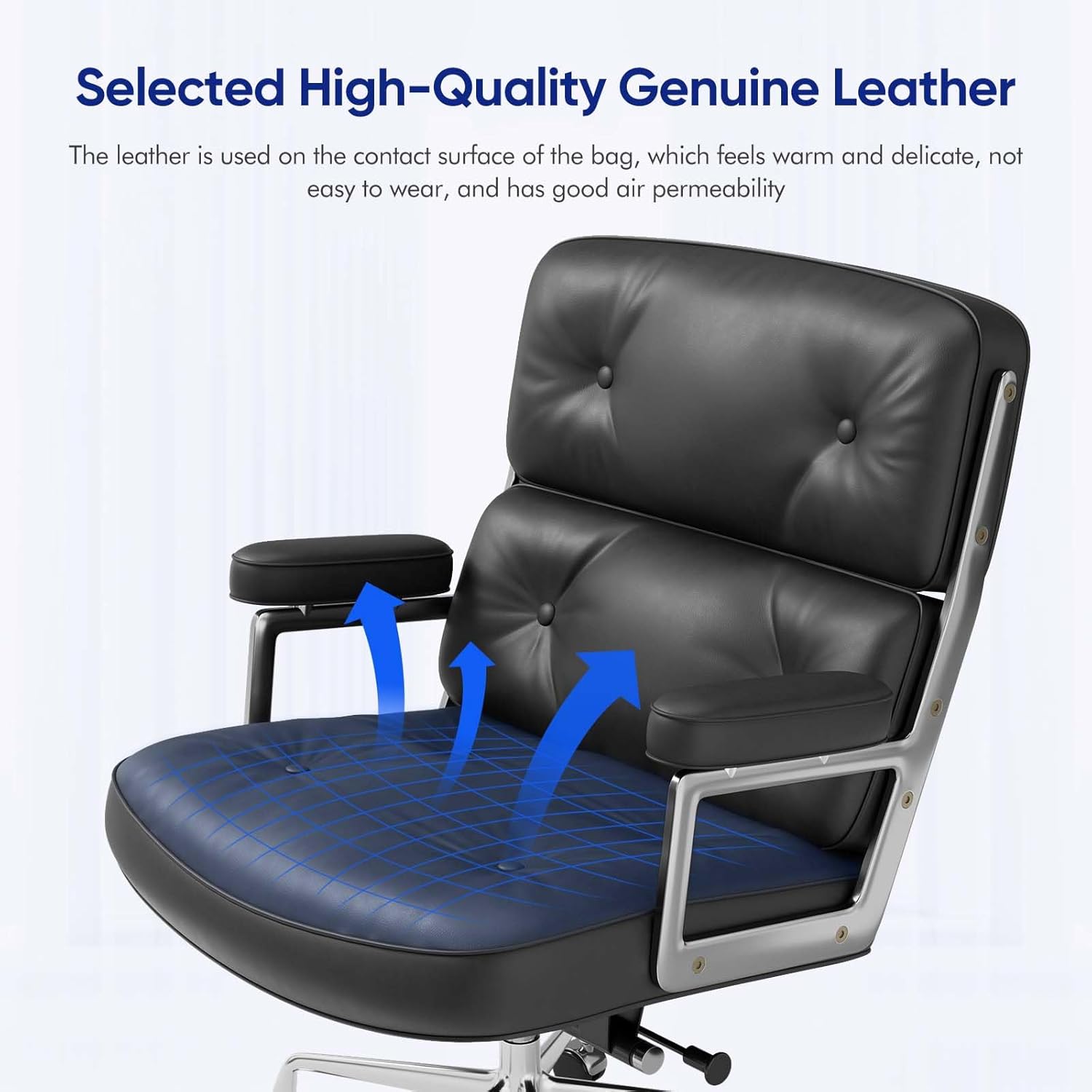Genuine Leather Office Chair, Mid Back Executive Desk Chairs with Aluminum Arms and Wheels, Swivel Office Leather Chair with Thickened Backrest and Ergonomic Lumbar Support, Black