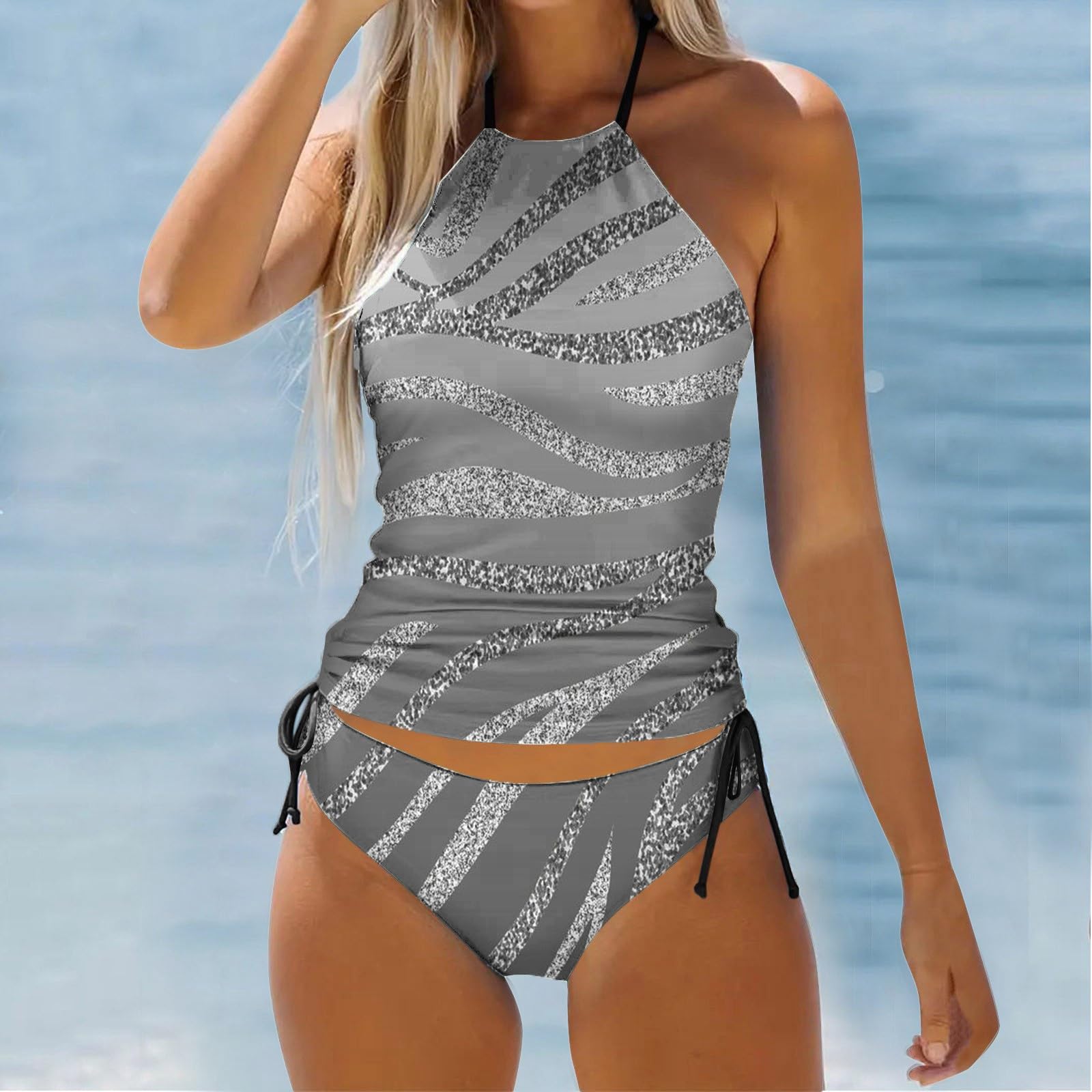 Generisch Costume da bagno da donna a due pezzi, a righe irregolari, con stampa tankini
