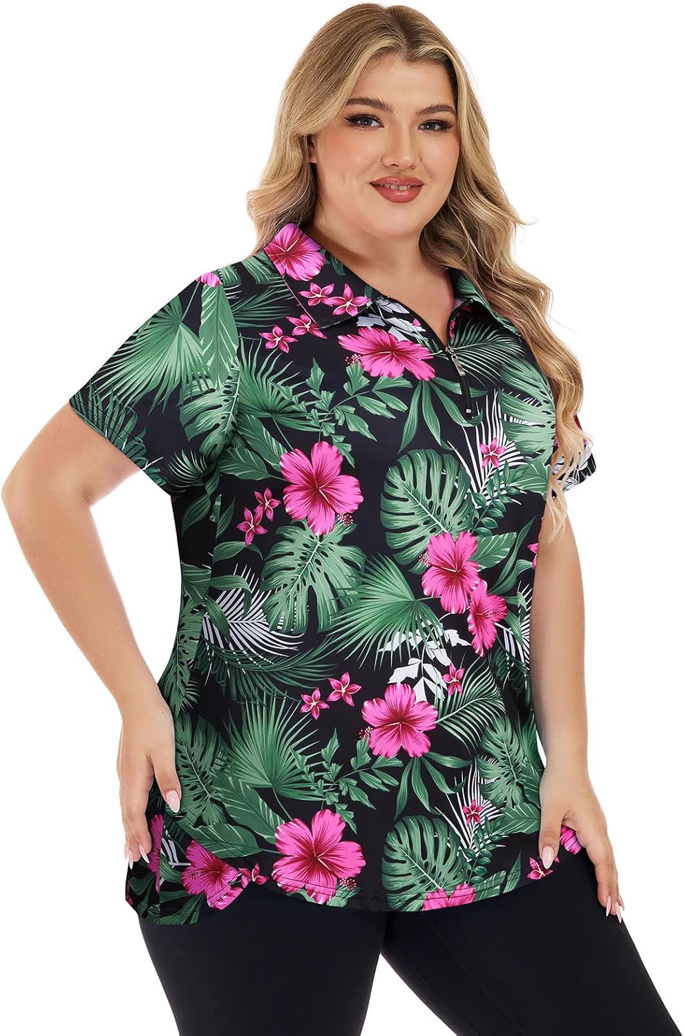 Tanst Sky Womens Plus Size Golf Polo Shirt Loose Fit Short Sleeve Zip Up Workout Athletic Tops